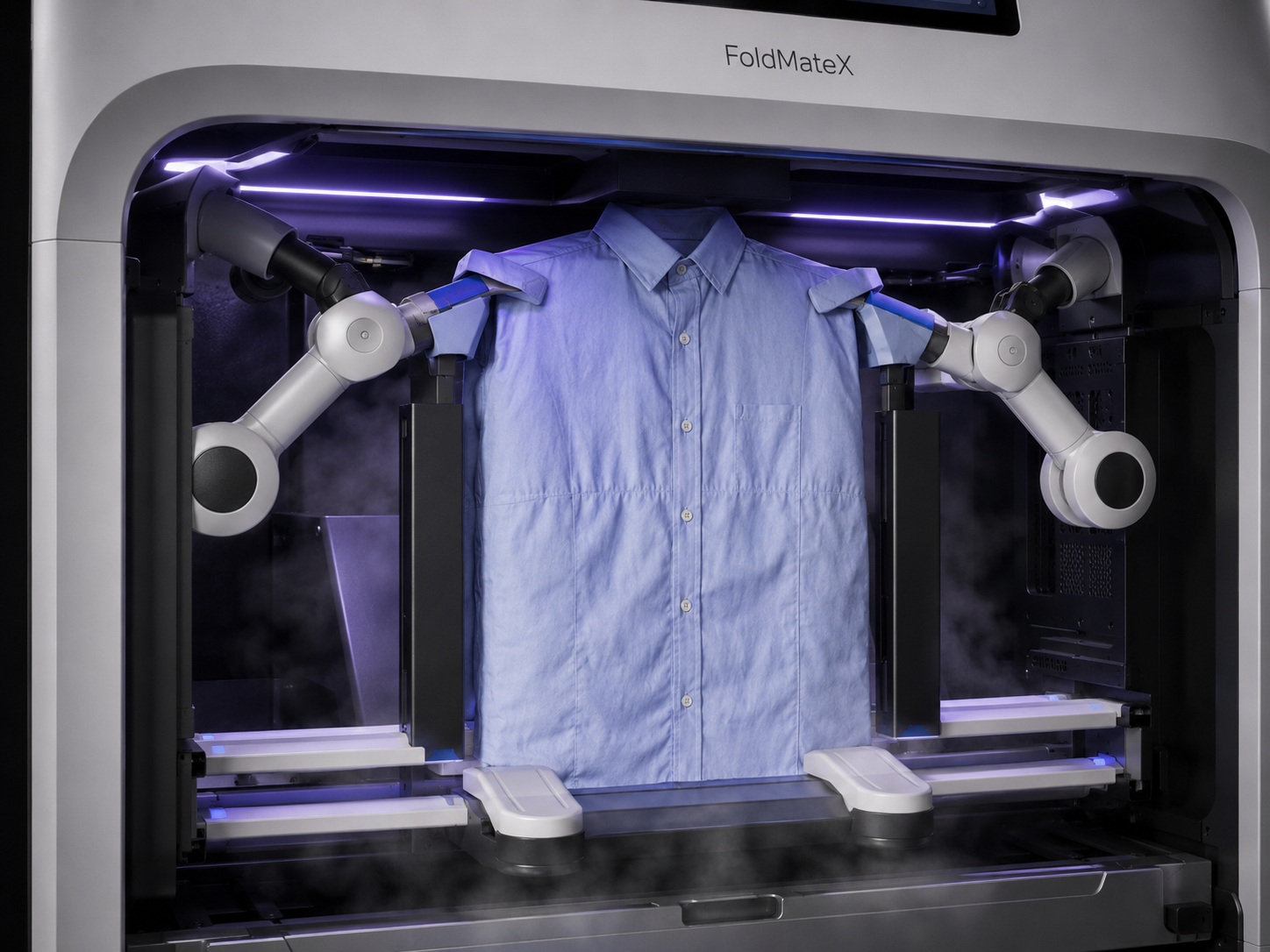 FoldMateX folding and steam-ironing a shirt